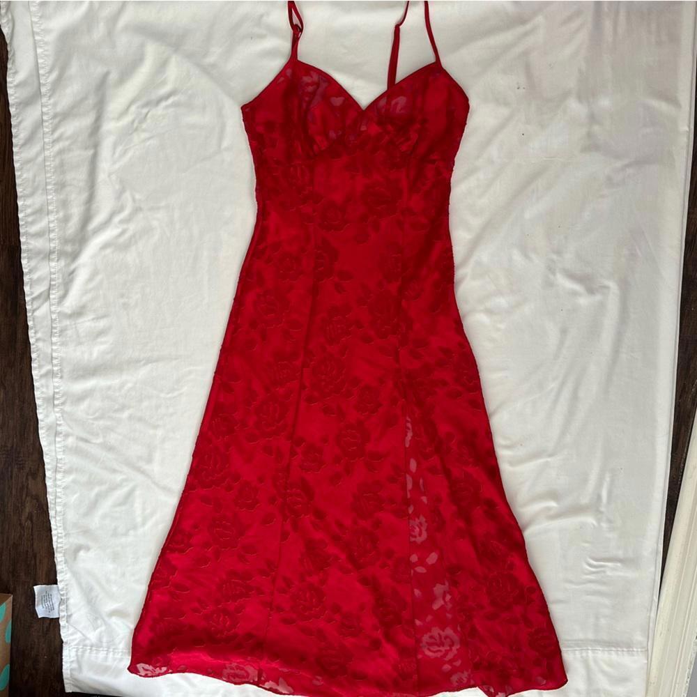 Vintage Victoria’s Secred Red Satin Lace Burnout Floral Rose Slit Slip Dress